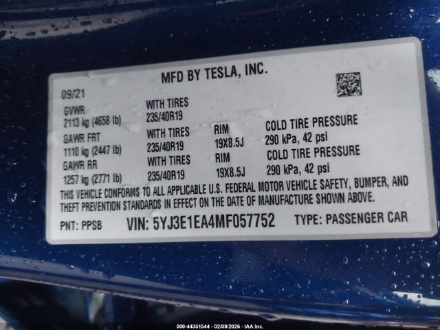 2021 TESLA MODEL 3 5YJ3E1EA4MF057752 Photo 8