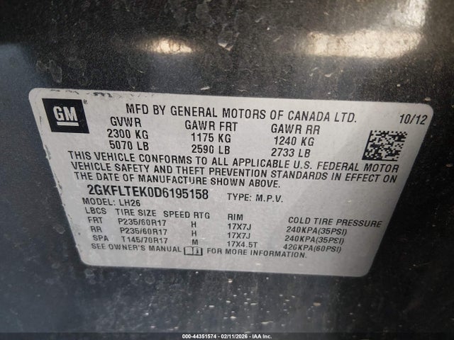 Aukcja sprzedaży 2013 Gmc Terrain Sle-2, vin: 2GKFLTEK0D6195158, numer aukcji: 44351574
