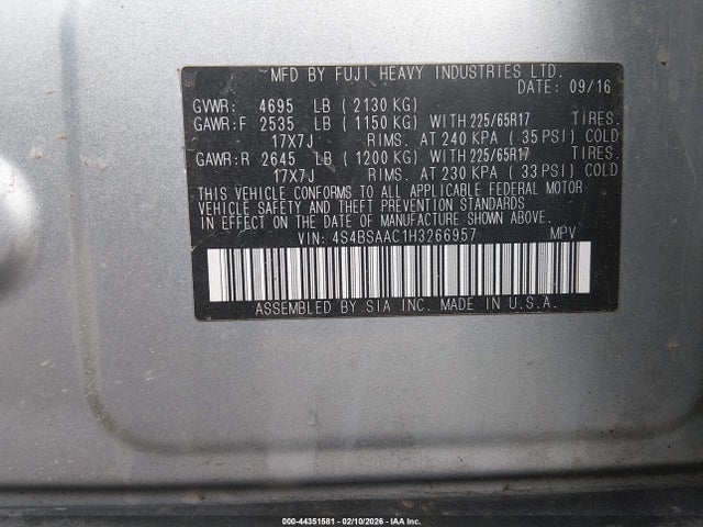 2017 Subaru Outback 2.5i მანქანა იყიდება აუქციონზე, vin: 4S4BSAAC1H3266957, აუქციონის ნომერი: 44351581