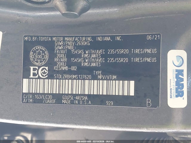 5TDLZRBH9MS127620 Toyota Highlander Xse