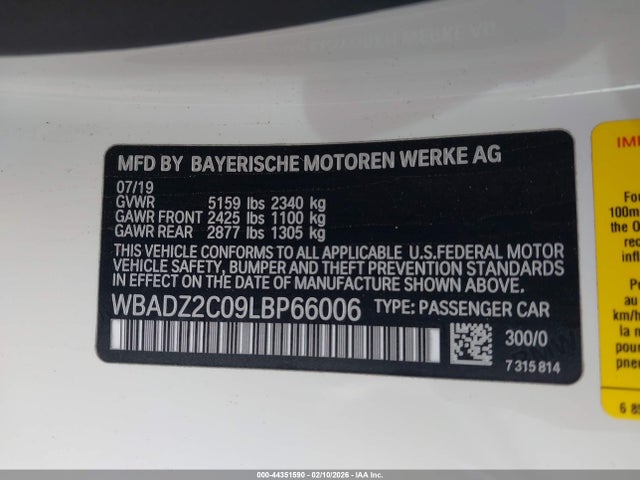 Aukcja sprzedaży 2020 Bmw 840i, vin: WBADZ2C09LBP66006, numer aukcji: 44351590