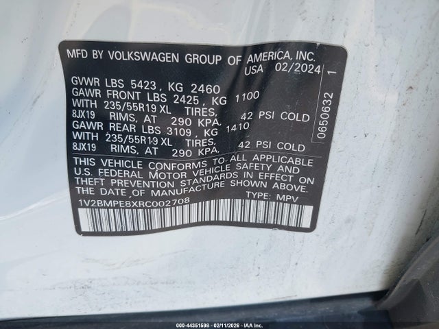 44351598 :رقم المزاد ، 1V2BMPE8XRC002708 vin ، 2024 Volkswagen Id.4 Standard مزاد بيع