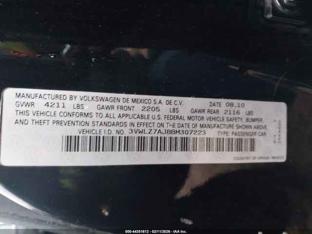 Продаж на аукціоні авто 2011 Volkswagen Jetta 2.5l Sel, vin: 3VWLZ7AJ8BM307223, номер лоту: 44351612