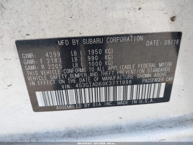 44351627 :رقم المزاد ، 4S3GTAD60K3711998 vin ، 2019 Subaru Impreza 2.0i Premium مزاد بيع
