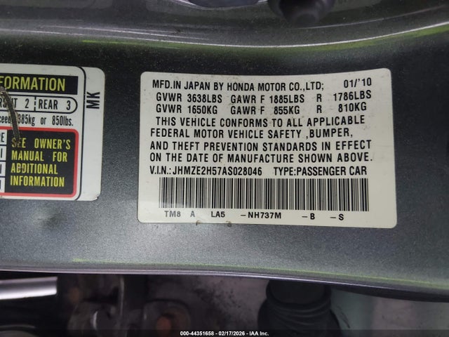 44351658 :رقم المزاد ، JHMZE2H57AS028046 vin ، 2010 Honda Insight Lx مزاد بيع