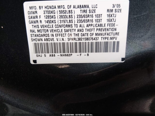 2005 HONDA ODYSSEY 5FNRL38215B076437 Photo 8