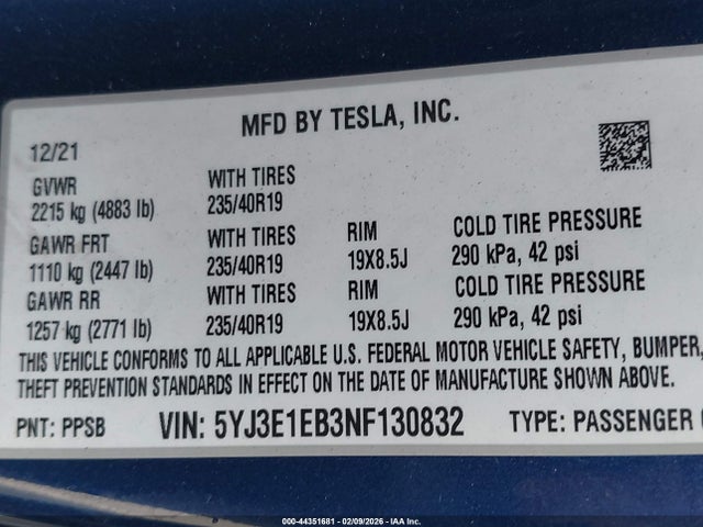 Продаж на аукціоні авто 2022 Tesla Model 3 Long Range Dual Motor All-wheel Drive, vin: 5YJ3E1EB3NF130832, номер лоту: 44351681