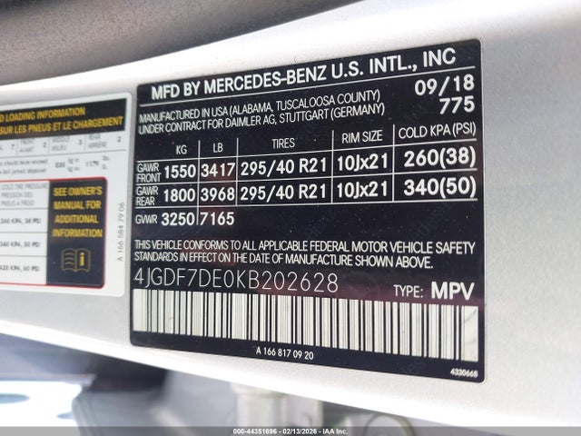 2019 Mercedes-benz Gls 550 4matic მანქანა იყიდება აუქციონზე, vin: 4JGDF7DE0KB202628, აუქციონის ნომერი: 44351696