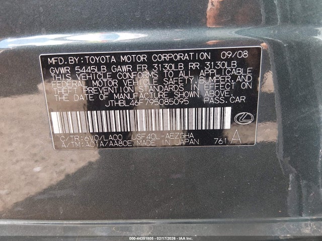 44351805 :رقم المزاد ، JTHBL46F795085095 vin ، 2009 Lexus Ls 460 مزاد بيع