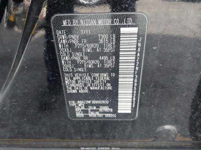 Aukcja sprzedaży 2011 Infiniti Qx56, vin: JN8AZ2NF3B9502832, numer aukcji: 44351823