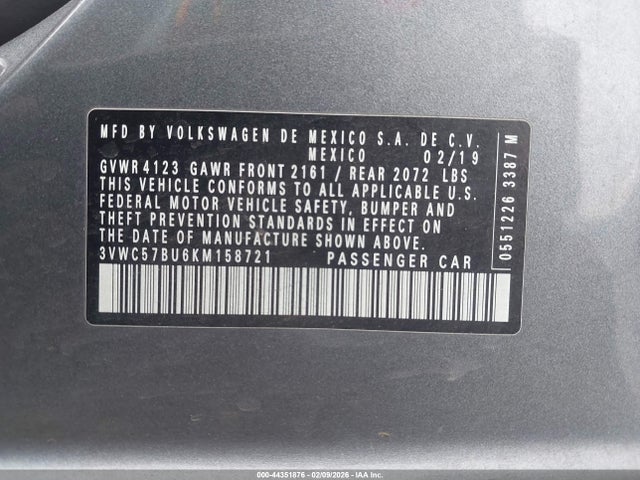 3VWC57BU6KM158721 Volkswagen Jetta 1.4t R-line/1.4t S/1.4t Se