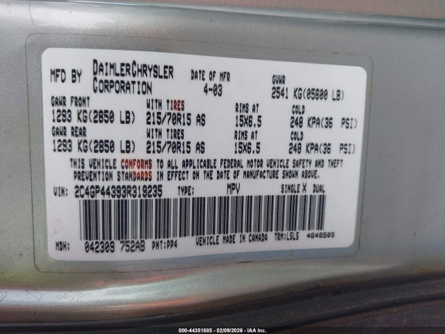 Продаж на аукціоні авто 2003 Chrysler Town & Country Lx, vin: 2C4GP44393R319235, номер лоту: 44351885