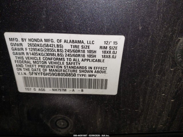 5FNYF6H59GB050850 Honda Pilot Ex-l