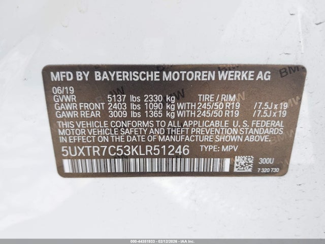 44351933 :رقم المزاد ، 5UXTR7C53KLR51246 vin ، 2019 Bmw X3 Sdrive30i مزاد بيع