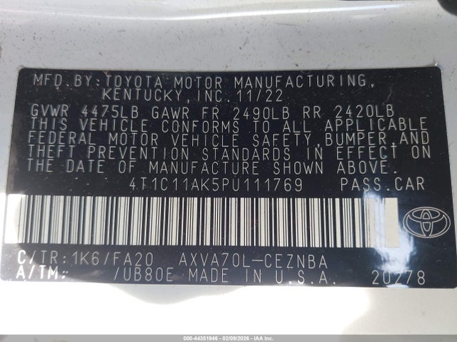4T1C11AK5PU111769 Toyota CAMRY LE