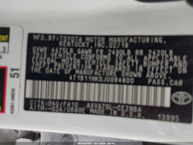 4T1B11HK0JU084800 Toyota CAMRY LE