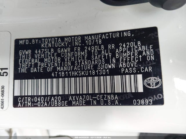 4T1B11HK5KU181301 Toyota CAMRY LE