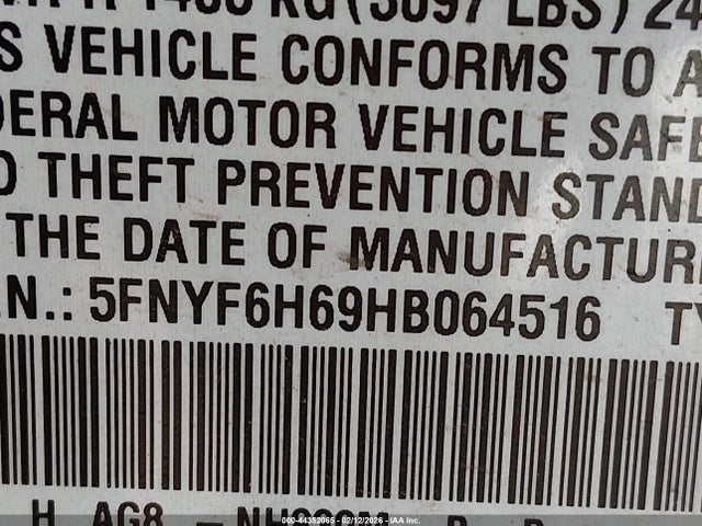 5FNYF6H69HB064516 Honda Pilot Ex-l