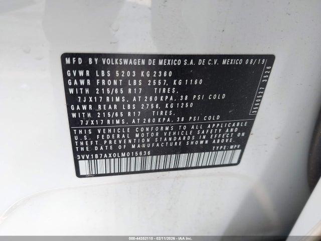 Продаж на аукціоні авто 2020 Volkswagen Tiguan 2.0t S, vin: 3VV1B7AX0LM015636, номер лоту: 44352110