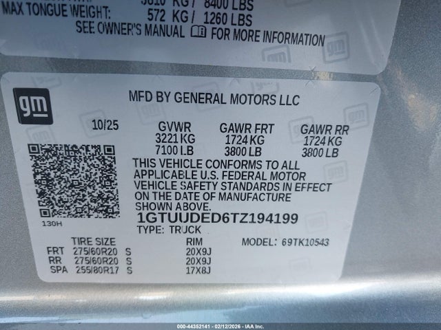 2026 Gmc Sierra 1500 , Short Bed, Slt, 4wd მანქანა იყიდება აუქციონზე, vin: 1GTUUDED6TZ194199, აუქციონის ნომერი: 44352141