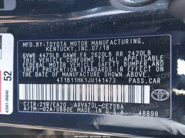 4T1B11HK1JU141473 Toyota CAMRY SE