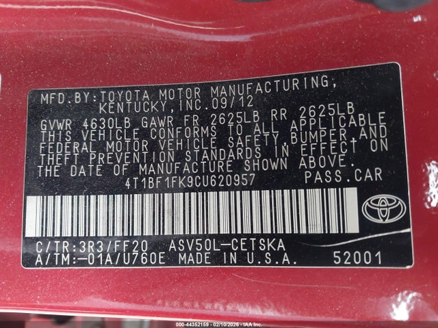 44352159 :رقم المزاد ، 4T1BF1FK9CU620957 vin ، 2012 Toyota Camry Se Limited Edition مزاد بيع