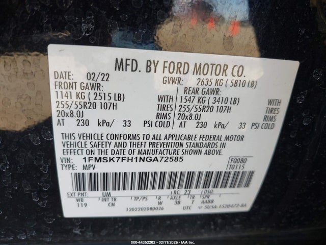 44352202 :رقم المزاد ، 1FMSK7FH1NGA72585 vin ، 2022 Ford Explorer Limited مزاد بيع
