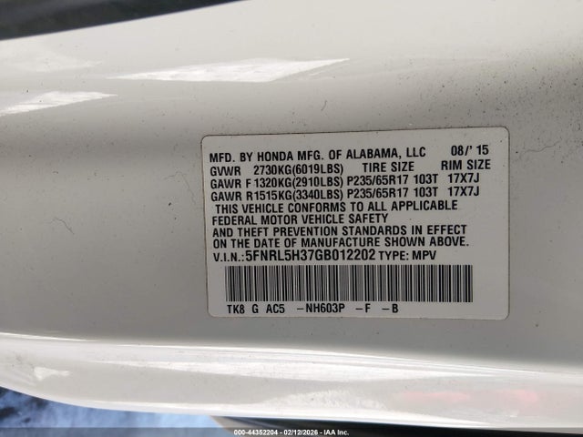 5FNRL5H37GB012202 Honda ODYSSEY SE