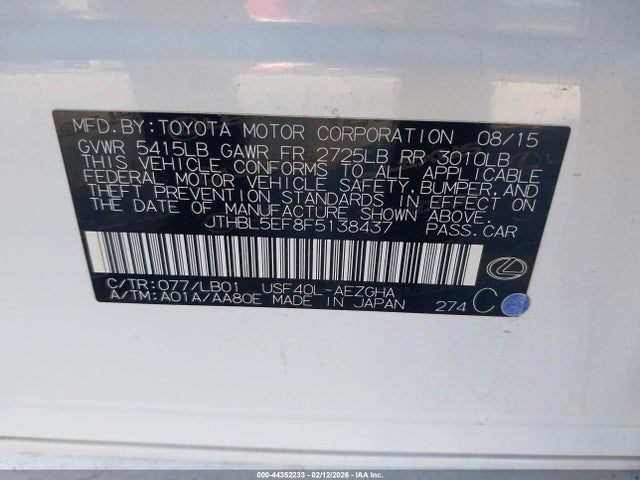 Продажа на аукционе авто 2015 Lexus Ls 460, vin: JTHBL5EF8F5138437, номер лота: 44352233