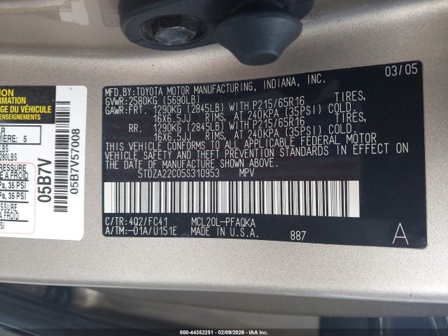 2005 TOYOTA SIENNA 5TDZA22C05S310953 Photo 8