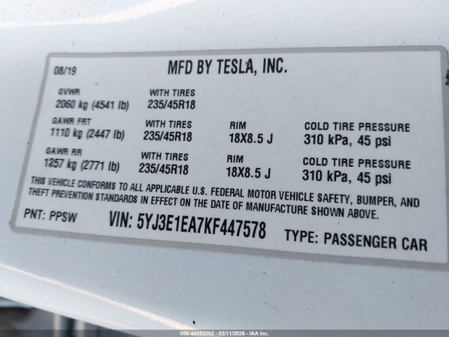 Aukcja sprzedaży 2019 Tesla Model 3 Long Range/mid Range/standard Range/standard Range Plus, vin: 5YJ3E1EA7KF447578, numer aukcji: 44352252