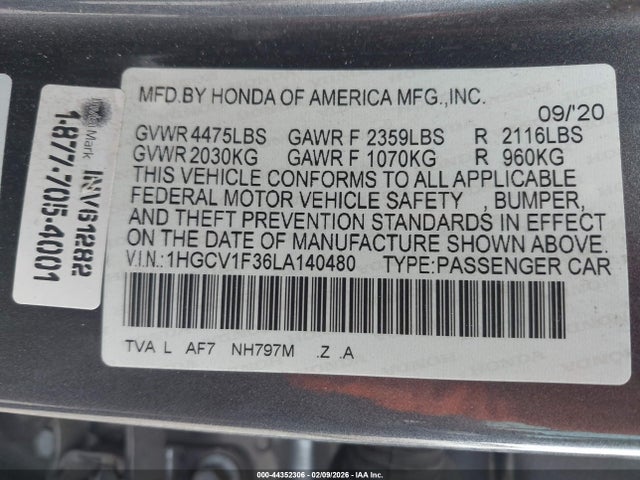 1HGCV1F36LA140480 Honda Accord Sport
