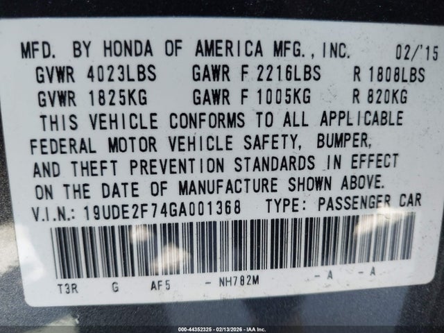 44352325 :رقم المزاد ، 19UDE2F74GA001368 vin ، 2016 Acura Ilx Premium Package/technology Plus Package مزاد بيع