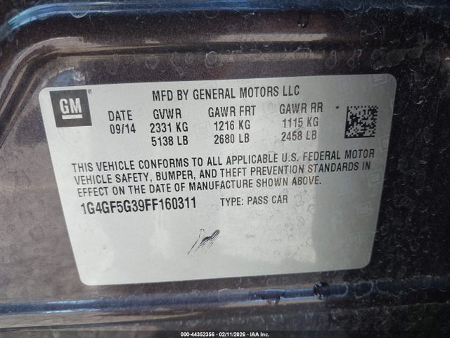 44352356 :رقم المزاد ، 1G4GF5G39FF160311 vin ، 2015 Buick Lacrosse Premium Ii مزاد بيع