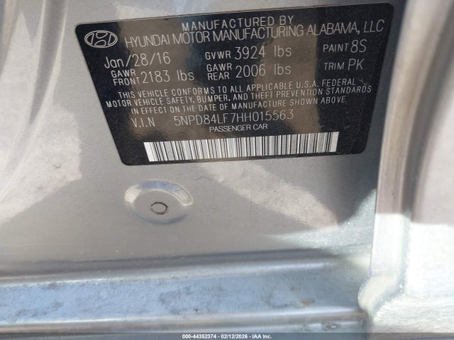 44352374 :رقم المزاد ، 5NPD84LF7HH015563 vin ، 2017 Hyundai Elantra Se مزاد بيع