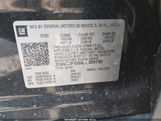 2020 Chevrolet Trax Awd Lt მანქანა იყიდება აუქციონზე, vin: 3GNCJPSB8LL309750, აუქციონის ნომერი: 44352517