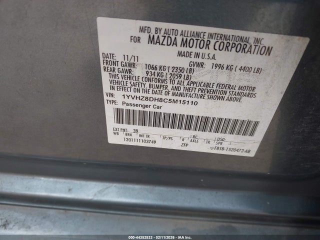 44352532 :رقم المزاد ، 1YVHZ8DH8C5M15110 vin ، 2012 Mazda Mazda6 I Touring مزاد بيع