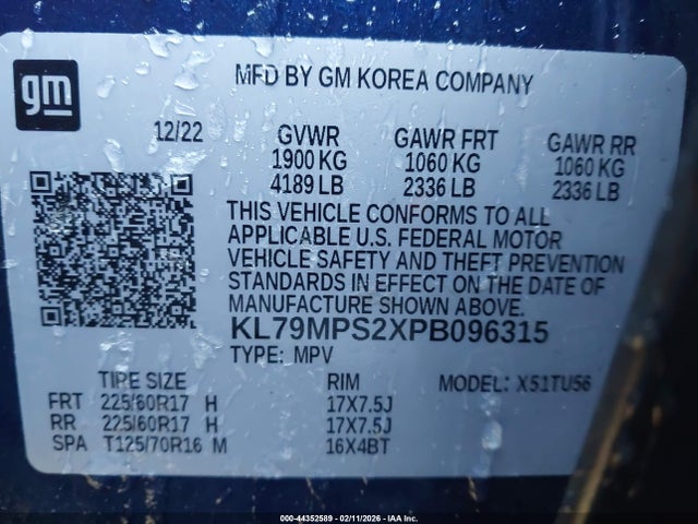 2023 Chevrolet Trailblazer Fwd Lt მანქანა იყიდება აუქციონზე, vin: KL79MPS2XPB096315, აუქციონის ნომერი: 44352589