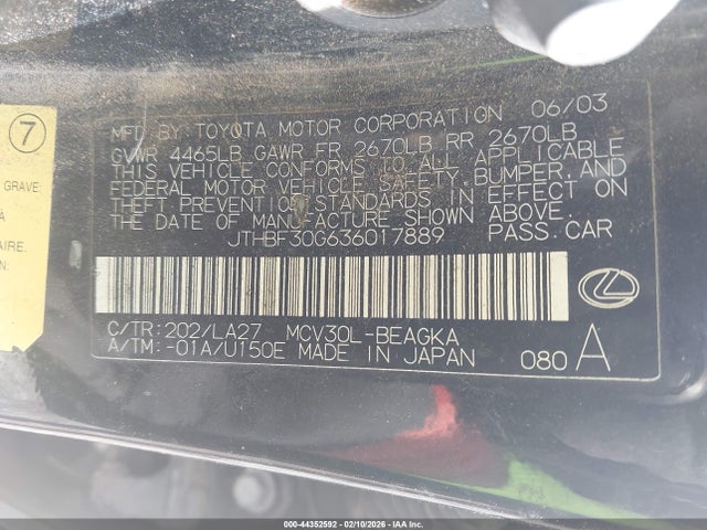 2003 Lexus Es 300 მანქანა იყიდება აუქციონზე, vin: JTHBF30G636017889, აუქციონის ნომერი: 44352592
