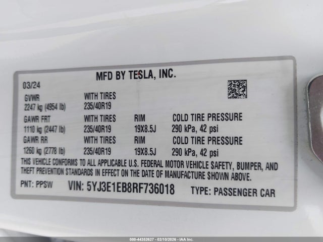 Продаж на аукціоні авто 2024 Tesla Model 3 Long Range Dual Motor All-wheel Drive, vin: 5YJ3E1EB8RF736018, номер лоту: 44352627