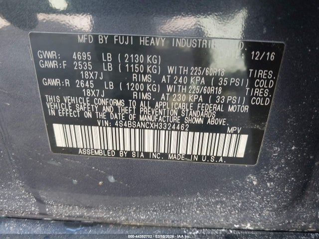 44352702 :رقم المزاد ، 4S4BSANCXH3324462 vin ، 2017 Subaru Outback 2.5i Limited مزاد بيع
