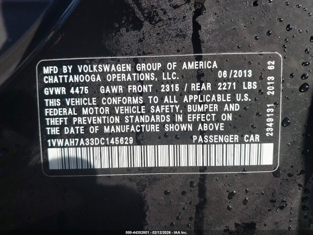 Продажа на аукционе авто 2013 Volkswagen Passat 2.5l Wolfsburg Edition, vin: 1VWAH7A33DC145629, номер лота: 44352801