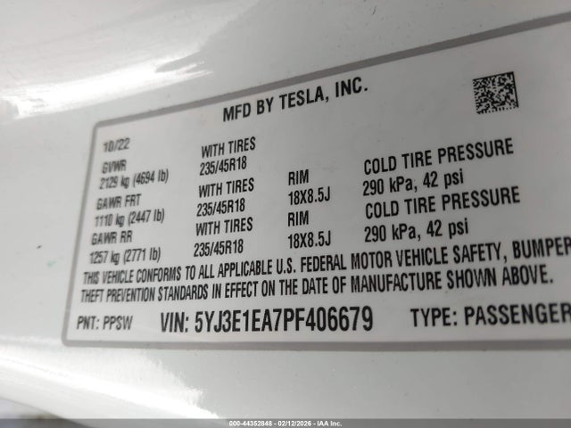 Продаж на аукціоні авто 2023 Tesla Model 3 Rear-wheel Drive, vin: 5YJ3E1EA7PF406679, номер лоту: 44352848