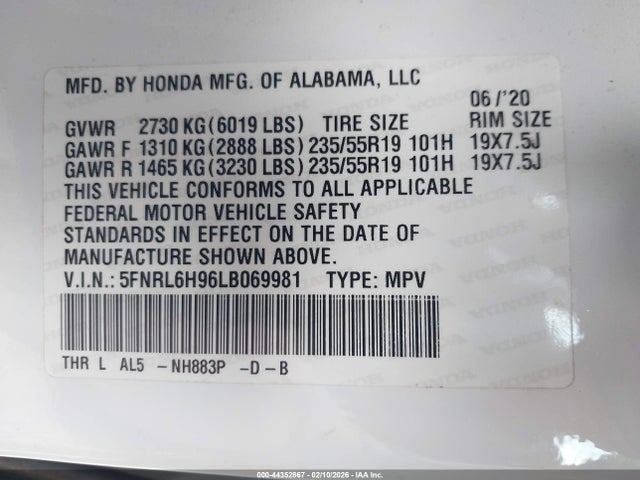 2020 Honda Odyssey Elite მანქანა იყიდება აუქციონზე, vin: 5FNRL6H96LB069981, აუქციონის ნომერი: 44352867