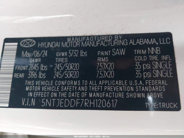 Aukcja sprzedaży 2024 Hyundai Santa Cruz Limited, vin: 5NTJEDDF7RH120617, numer aukcji: 44352900