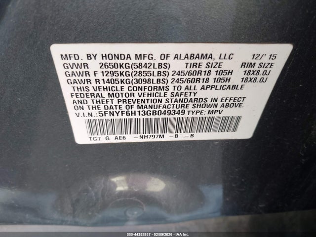 5FNYF6H13GB049349 Honda PILOT LX