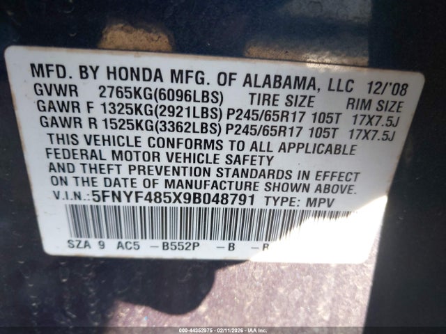 Aukcja sprzedaży 2009 Honda Pilot Ex-l, vin: 5FNYF485X9B048791, numer aukcji: 44352975