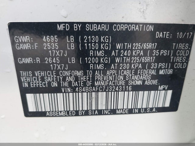 Продаж на аукціоні авто 2018 Subaru Outback 2.5i Premium, vin: 4S4BSAFC7J3243116, номер лоту: 44353095