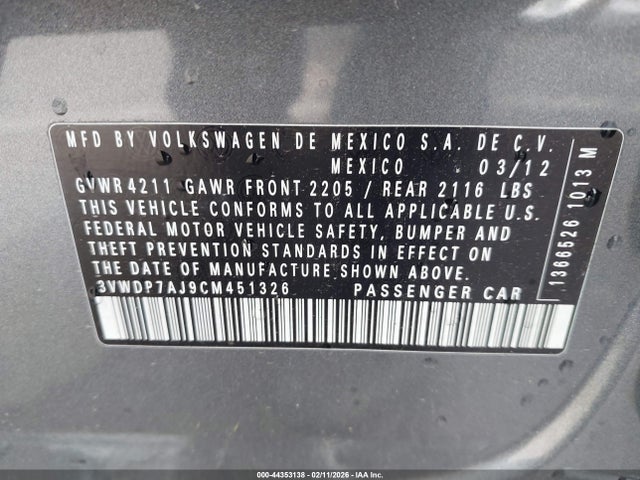 2012 Volkswagen Jetta 2.5l Se მანქანა იყიდება აუქციონზე, vin: 3VWDP7AJ9CM451326, აუქციონის ნომერი: 44353138