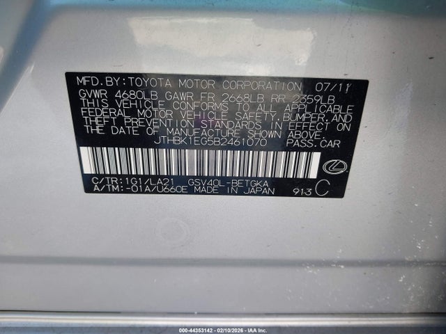 Продажа на аукционе авто 2011 Lexus Es 350, vin: JTHBK1EG5B2461070, номер лота: 44353142